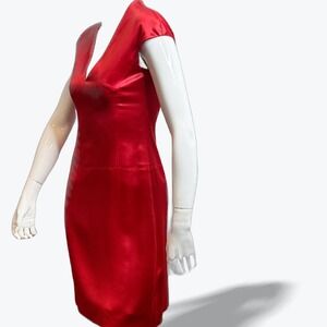 1990s Martine Sitbon Satin Sheath Dress Red Vintage Designer‎ Sleeve Cap Medium